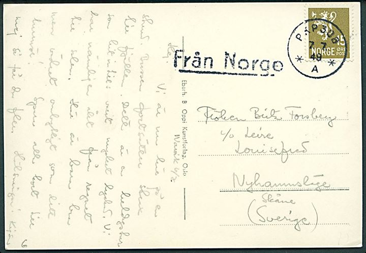 15 øre Løve på brevkort (Udsigt over Narvik) annulleret med svensk bureaustempel PXP 308 d. 7.7.1948 og sidestemplet Från Norge til Skåne.