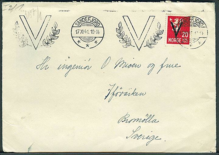 20 øre V Provisorium på brev annulleret med maskinstempel V/Sandefjord d. 17.11.1941 til Bromölla, Sverige. Åbnet af tysk censur i Oslo.