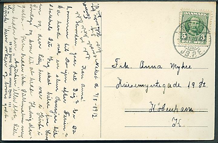 5 øre Fr. VIII på brevkort annulleret med brotype Ia Nexø JB.P.E. d. 7.8.1912 til København. 