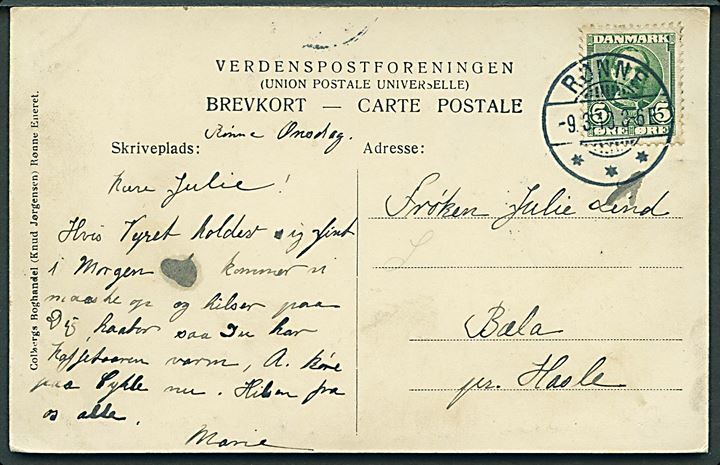 5 øre Fr. VIII på brevkort (Østerlars kirke) stemplet Rønne d. 9.3.1910 til Hasle.