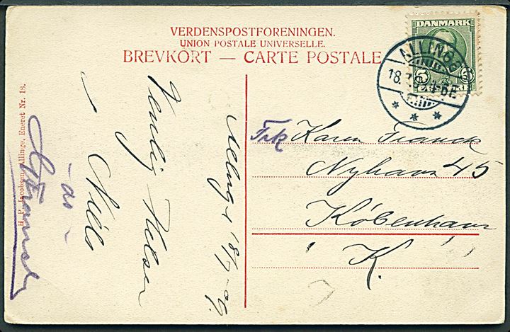 5 øre Fr. VIII på brevkort annulleret med brotype Ia Allinge d. 18.7.1907 til København.