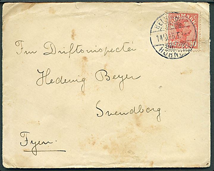 10 øre Chr. X på brev annulleret med bureaustempel Helsingør - Hornbæk T.8 d. 14.10.1915 til Svendborg.
