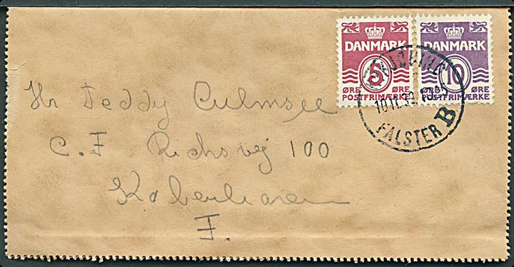 5 øre og 10 øre Bølgelinie på privat korrespondancekort annulleret med brotype IIId Nykjøbing Falster B. d. 10.11.1939 til København.