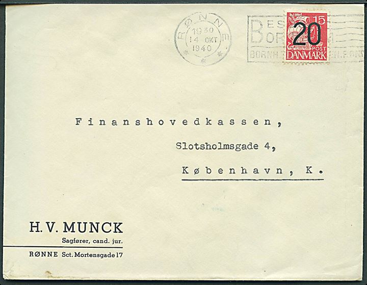20/15 øre Provisorium på brev annulleret med TMS Besøg Bornholm ..../Rønne *** d. 14.10.1940 til København.