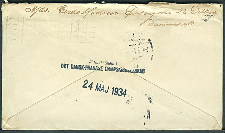 15 øre Karavel (2) på brev fra Odense d. 23.5.1934 til sømand ombord på S/S Skaane via rederiet Dansk-Fransk D/S i København - eftersendt til Grimsby, England.