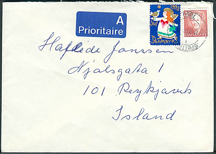 3,75 kr. Margrethe og Julemærke 1992 på brev fra Spøttrup d. 21.12.1992 til Reykjavik, Island.