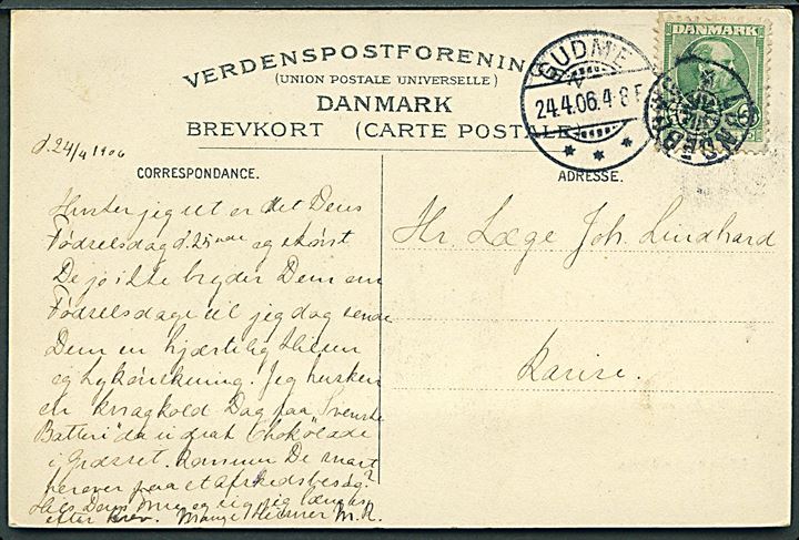 5 øre Chr. IX på brevkort (Hilsen fra Lundeborg) annulleret med stjernestempel LUNDEBORG og sidestemplet Gudme d. 24.4.1906 til Karise.