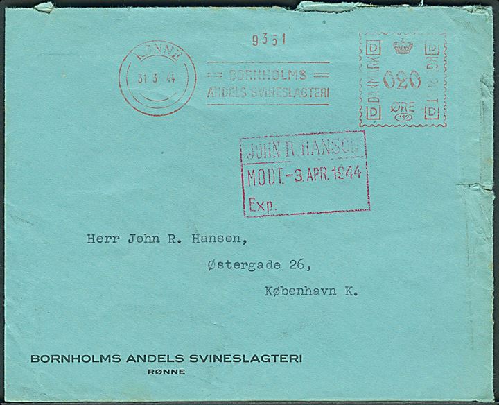 20 øre firmafranko Bornholms Andels Svineslagteri på brev fra Rønne d. 31.3.1944 til København.