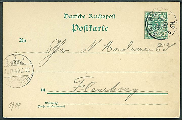 5 pfg. helsagsbrevkort annulleret med enringsstempel Satrup d. 31.7.1900 til Flensburg.