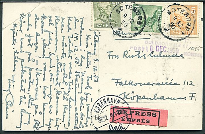 5 öre, 10 öre og 40 öre (fold) Gustaf på ekspres brevkort fra Göteborg d. 9.12.1950 til København, Danmark. Hj. knæk.