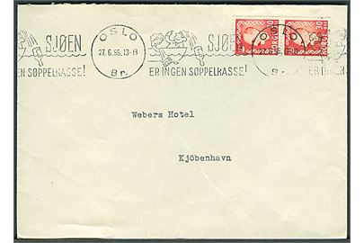 30 øre Haakon i parstykke på brev annulleret med TMS Sjøen er ingen søppelkasse!/Oslo d. 27.6.1955 til København, Danmark.