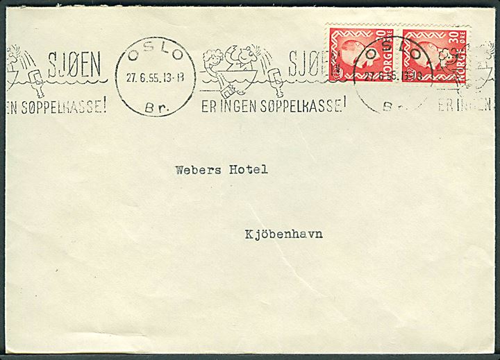 30 øre Haakon i parstykke på brev annulleret med TMS Sjøen er ingen søppelkasse!/Oslo d. 27.6.1955 til København, Danmark.