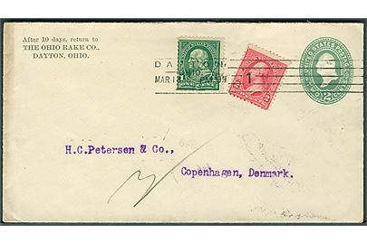 2 cents helsagskuvert opfrankeret med 1 cent Franklin og 2 cents Washington fra Dayton d. 13.3.1899 til København, Danmark.