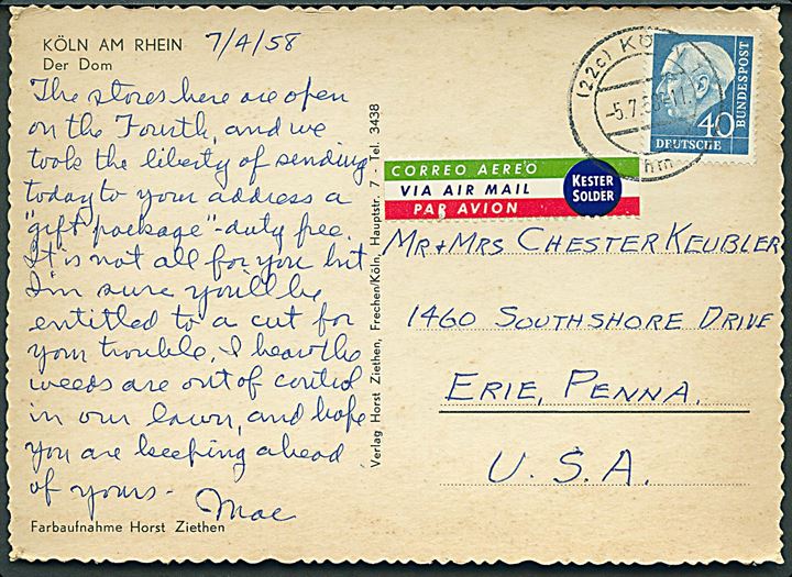 40 pfg. Heuss single på luftpost brevkort fra Köln d. 5.7.1958 til Erie, USA.