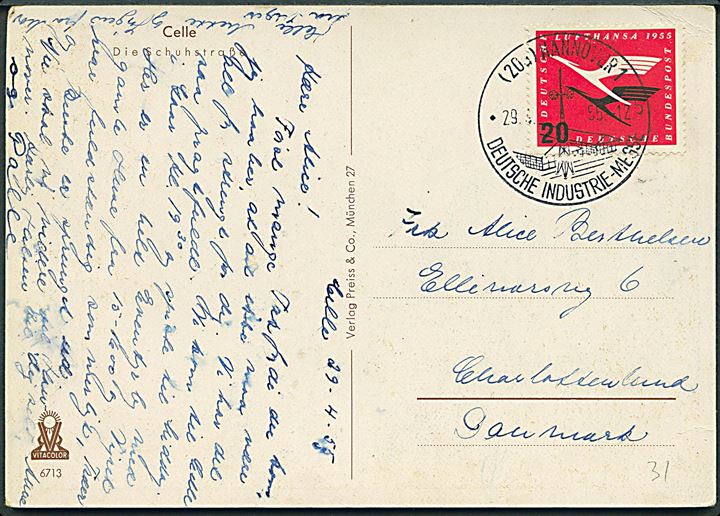 20 pfg. Lufthansa på brevkort annulleret med særstempel i Hannover d. 29.4.1955 til Charlottenlund, Danmark.