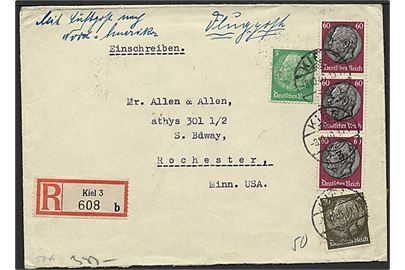 5 pfg. 30 pfg. og 60 pfg. (3) Hindenburg på anbefalet luftpostbrev fra Kiel d. 3.10.1940 til Rochester, USA. Åbnet af tysk censur.