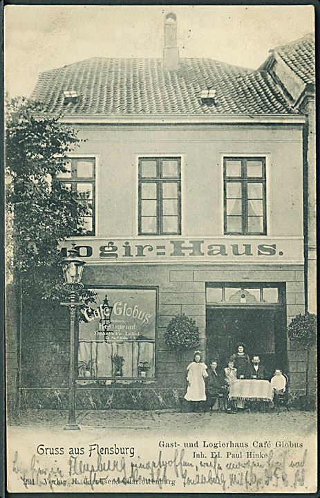 Flensburg, Gruss aus med Café Globus. H. Jacobsen no. 231.