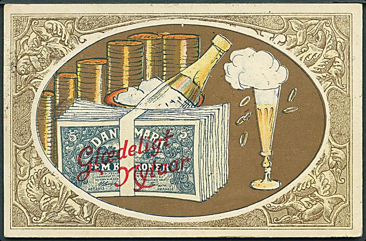 Glædeligt Nytaar med penge og champagne. A. Vincent serie 181/4.