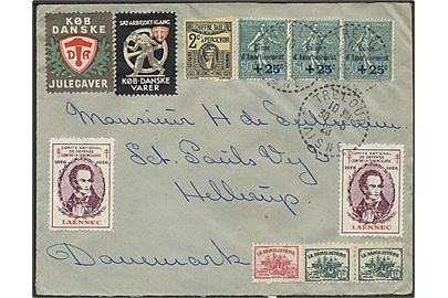 50+25 c. Statsgældamortisering i 3-stribe, samt forskellige mærkater på brev fra Treloup d. 30.5.1928 til Hellerup, Danmark. Høj mærkeværdi.