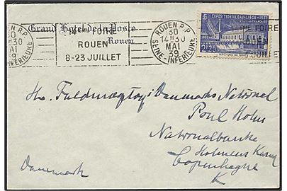 2,25 fr. Vandkraftudstilling single på brev fra Rouen d. 30.5.1939 til København, Danmark.