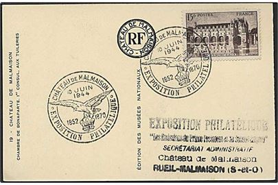 15 fr. Søslottet Chennonceaux på brevkort annulleret med udstillingsstempel fra Chateau de Malmaison d. 10.6.1944.