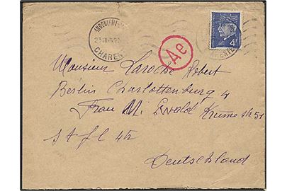 4 fr. Petain single på brev fra Angouleme d. 23.7.1943 til Berlin, Tyskland. Passér stempel Ae fra den tyske censur.