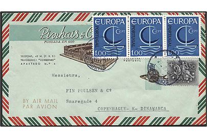 1 e. Eurpoa mærke i 3-stribe på luftpostbrev fra Matosinhos d. 23.2.1967 til København, Danmark.