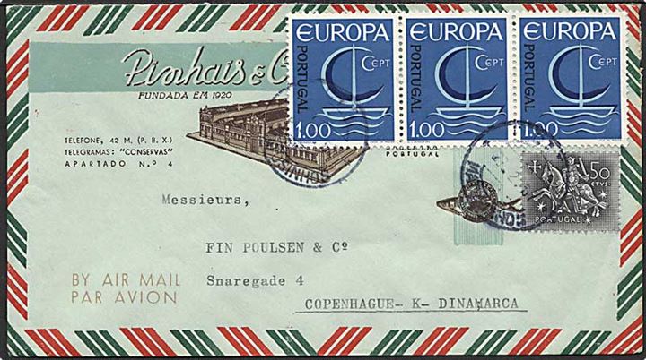 1 e. Eurpoa mærke i 3-stribe på luftpostbrev fra Matosinhos d. 23.2.1967 til København, Danmark.