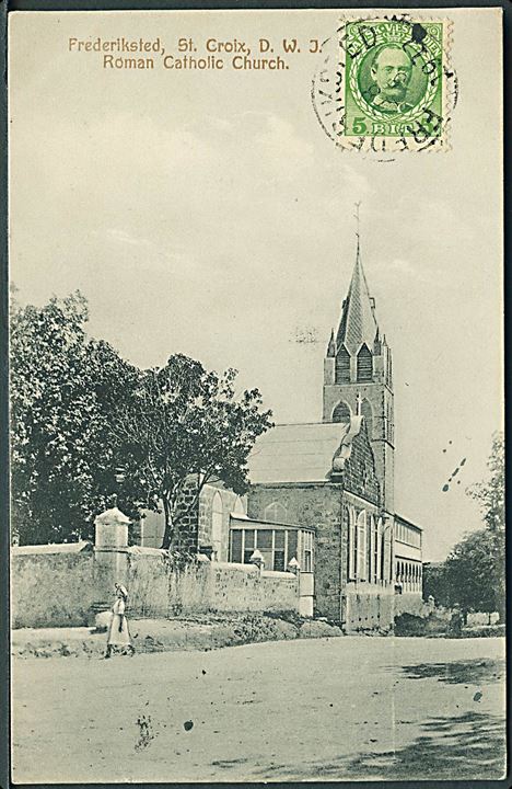 D.V.I., St. Croix, Frederiksted. Roman Catholic Church. B. D. Bemjamni u/no. Frankeret med 5 bit Fr. VIII og sendt som tryksag fra Frederiksted d. 18.5.1911 til Frankrig.