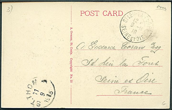 D.V.I., St. Croix, Palm Road. A. Ovesen no. 13. Frankeret med 10 bit Fr. VIII fra Kingshill d. 8.9.1916 via St. Thomas til St. Leu la Foret, Frankrig.