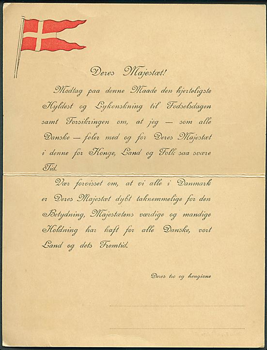 Fortrykt tryksagskort med hilsen til Kong Chr. X på Sogenfri Slot i anledning af hans 75 års fødselsdag d. 26.9.1943. Globe Tryk u/no.