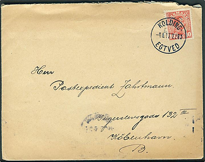 10 øre Chr. X på brev annulleret med smukt bureaustempel Kolding - Egtved T.3 d. 4.8.1917 til København.