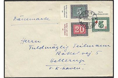 5 c. og 20 c. Våbenstilstand og 5+10 c. Røde Kors på brev fra Bern d. 9.4.1946 til Hellerup, Danmark.