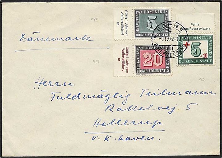 5 c. og 20 c. Våbenstilstand og 5+10 c. Røde Kors på brev fra Bern d. 9.4.1946 til Hellerup, Danmark.