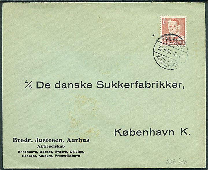 30 øre Fr. IX på fortrykt kuvert fra Aarhus annulleret med brotype IIc skibsstempel Fra Aarhus / Kalundborg d. 30.5.1954 til København.