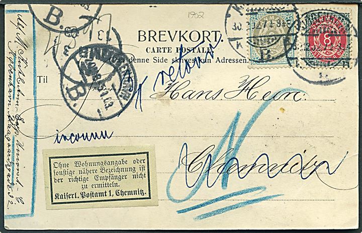 3 øre og 8 øre Tofarvet på brevkort (Kjøbenhavn. Fra Søerne. E.I.F. no. 7) fra Kjøbenhavn d. 30.12.1902 til Chemnitz, Tyskland. Retur som ubekendt med fortrykt returetiket fra Kaiserl. Postamt 1 Chhemnitz.
