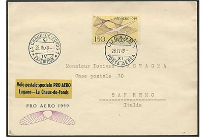 1,50 kr. Pro Aero udg. på flyvningskuvert fra Lugano d. 28.4.1949 via La Chaux de Fonds til San Remo, Italien.