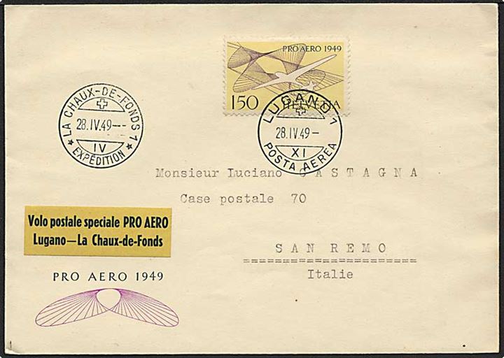 1,50 kr. Pro Aero udg. på flyvningskuvert fra Lugano d. 28.4.1949 via La Chaux de Fonds til San Remo, Italien.