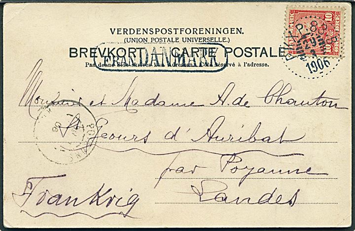 10 øre Chr. IX på brevkort (Hotel d'Angleterre) annulleret med svensk bureaustempel PKXP 83 B. (= Nässjö-Malmö-København) d. 29.3.1906 og sidestemplet Från Danmark til Poyanne, Frankrig.