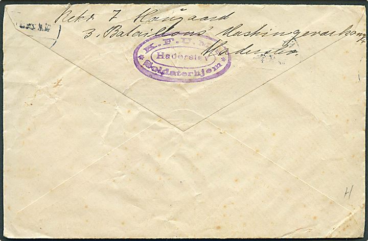 Ufrankeret brev fra soldat ved 3. Bataillons Maskingeværkompagni, Haderslev med stempel K.F.U.M. Soldaterhjem / Haderslev fra Haderslev d. 13.7.1926 til Bedsted Lø. Udtakseret i porto med 20 øre Portomærke i parstykke stemplet Bedsted Lø d. 14.7.1926.