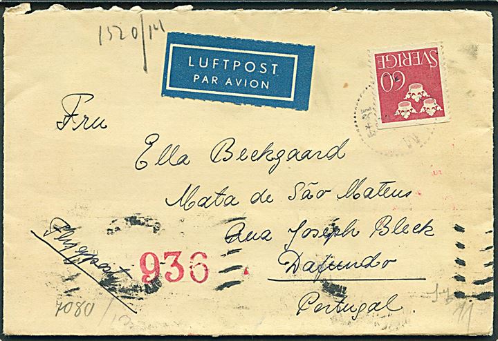 60 öre Tre Kroner single på luftpostbrev fra Laholm 1944 til Dafundo, Portugal. Åbnet af tysk censur i Berlin og ank.stemplet Lissabon d. 20.7.1944.