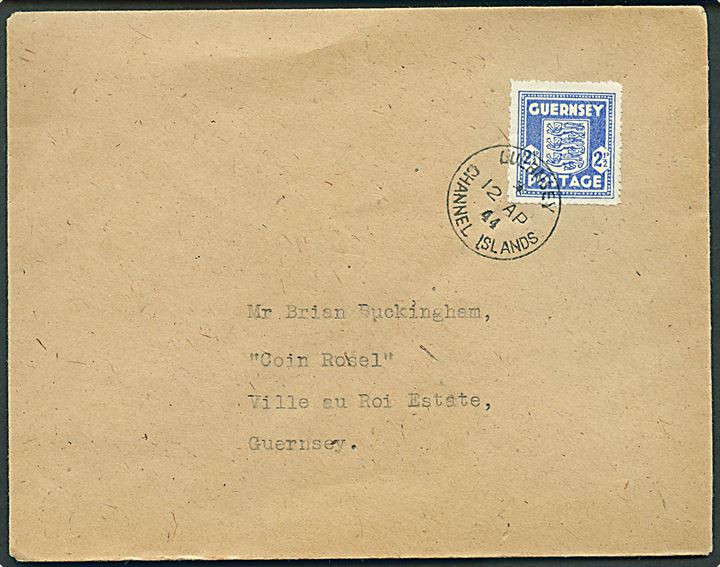2½d lokal udg. single på brev stemplet Guernsey Channel Islands d. 12.4.1944 til Ville au Roi Estate, Guernsey.
