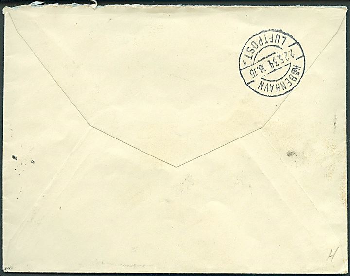 50 pfg. Luftpost single på luftpostbrev fra Hamburg d. 22.5.1934 til Hellerup, Danmark. På bagsiden ank.stemplet København Luftpost sn1 d. 22.5.1934.