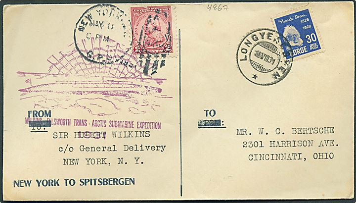 Amerikansk 2 cents von Steuben stemplet New York d. 8.5.1931 og norsk Ibsen stemplet Longyearbyen d. 28.8.1931 på Wilkins-Ellsworth Trans-Arctic Submarine Expedition brev til Cincinnati, USA. Et mærke med lille skade.