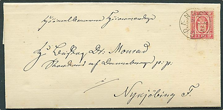 8 øre Tjenestemærke på brev fra Toreby Pastorat annulleret med lapidar VI Grænge d. 3.9.1875 til Nykjøbing F.