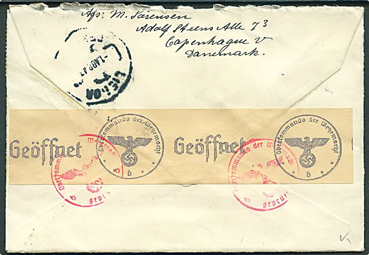 20 øre, 50 øre (2) Chr. X og 25 øre Karavel på 1,45 øre frankeret anbefalet luftpostbrev fra København d. 24.3.1943 til Dafundo, Portugal. Åbnet af tysk censur i Berlin.