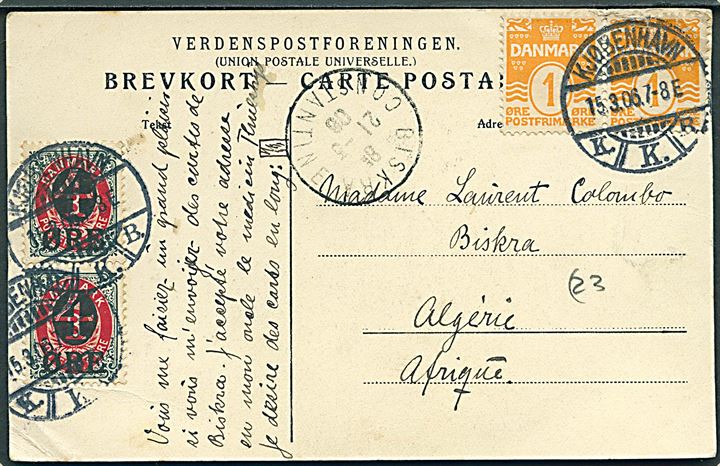 1 øre Bølgelinie og 4/8 øre Provisorium i parstykker på brevkort fra Kjøbenhavn d. 15.3.1906 til Biskra, Algeriet, Nordafrika. God Afrika destination.