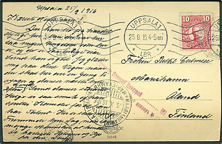 10 öre Gustaf på brevkort fra Uppsala d. 25.9.1916 til Mariehamn, Åland. Finsk censur fra Helsingfors.