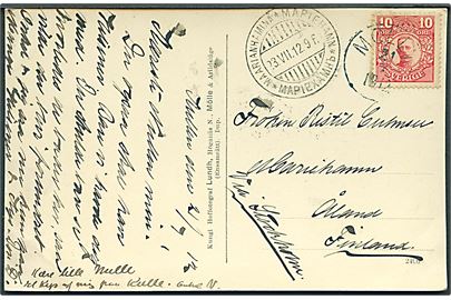 10 öre Gustaf på brevkort fra Mölle d. 21.7.1912 til Mariehamn, Åland. Ank.stemplet med 3-sproget stempel i Mariehamn d. 23.8.1912.