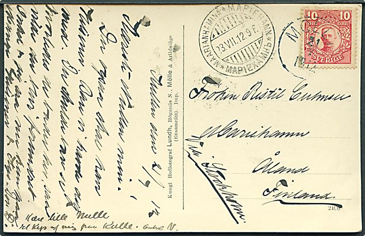 10 öre Gustaf på brevkort fra Mölle d. 21.7.1912 til Mariehamn, Åland. Ank.stemplet med 3-sproget stempel i Mariehamn d. 23.8.1912.